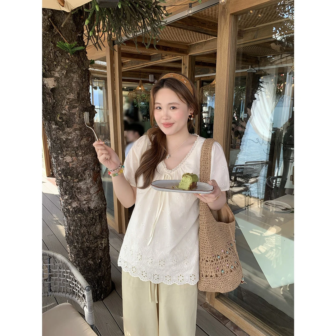现货9680X大婉酱千千微胖定制【栀夏】蕾丝衫夏设计感显瘦洋气上衣