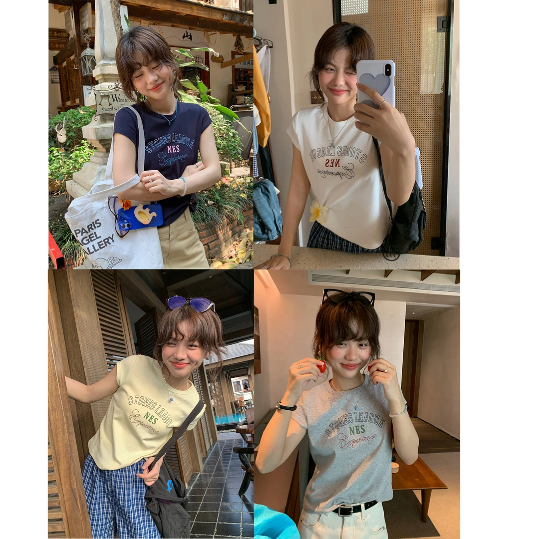 【西西里安】百搭自留款~春夏撞色字母印花短袖T恤女短款显瘦上衣