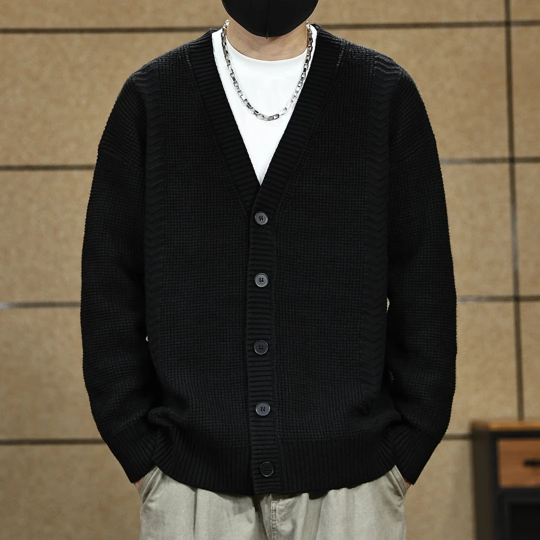 高端美式复古开衫毛衣外套男春秋季款潮牌慵懒风V领针织衫男线衣