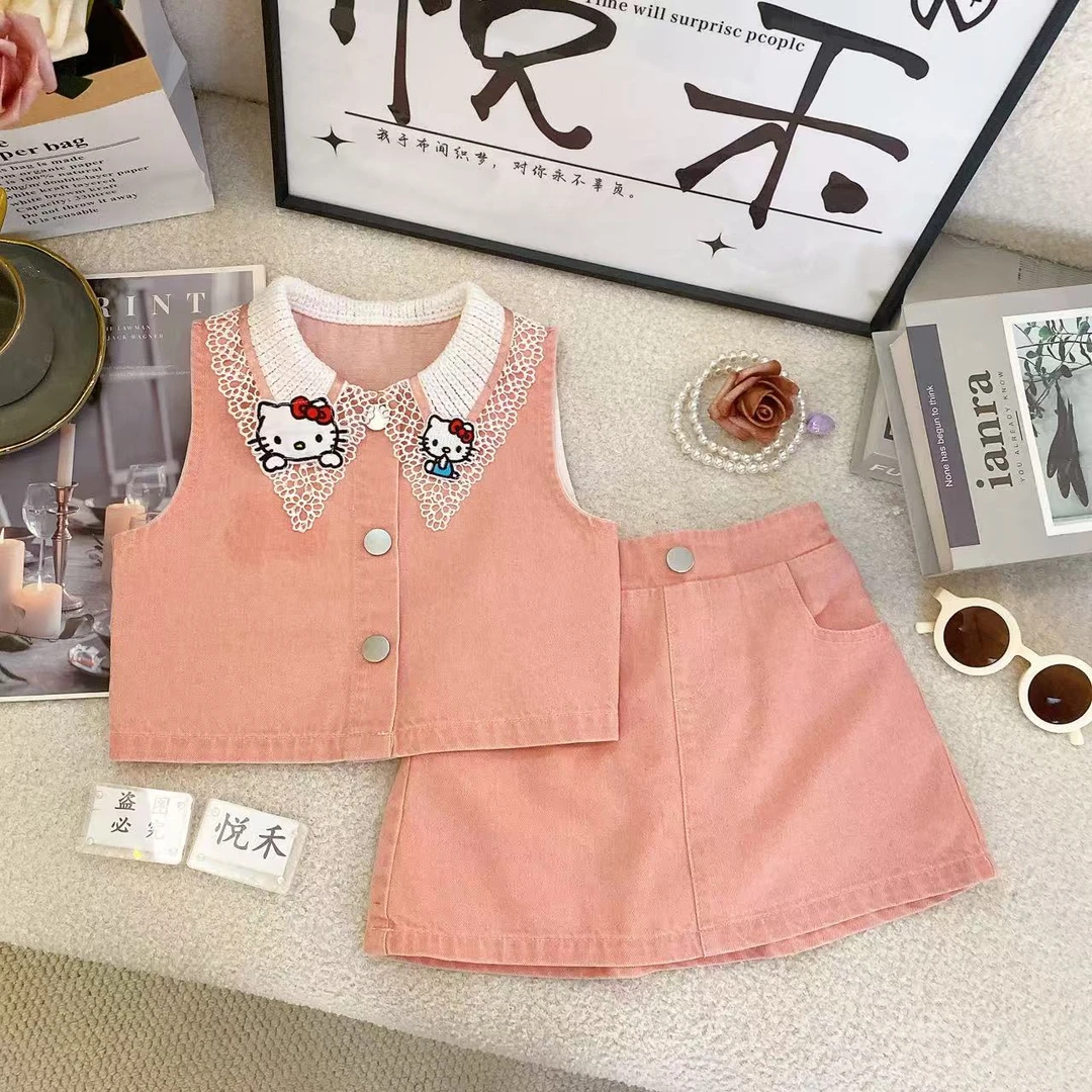 T2新款夏季女童时尚休闲女宝粉色蝴蝶结韩版学院风高级套装80490