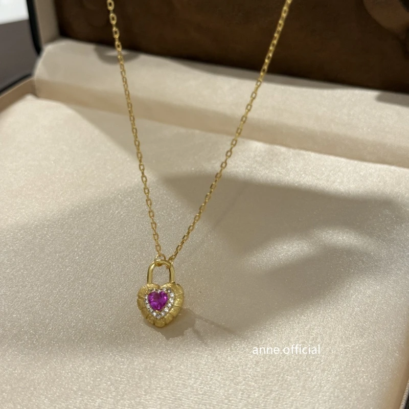 铜合金项链 甜心轻奢拉丝镶锆爱心锁项链【X852】