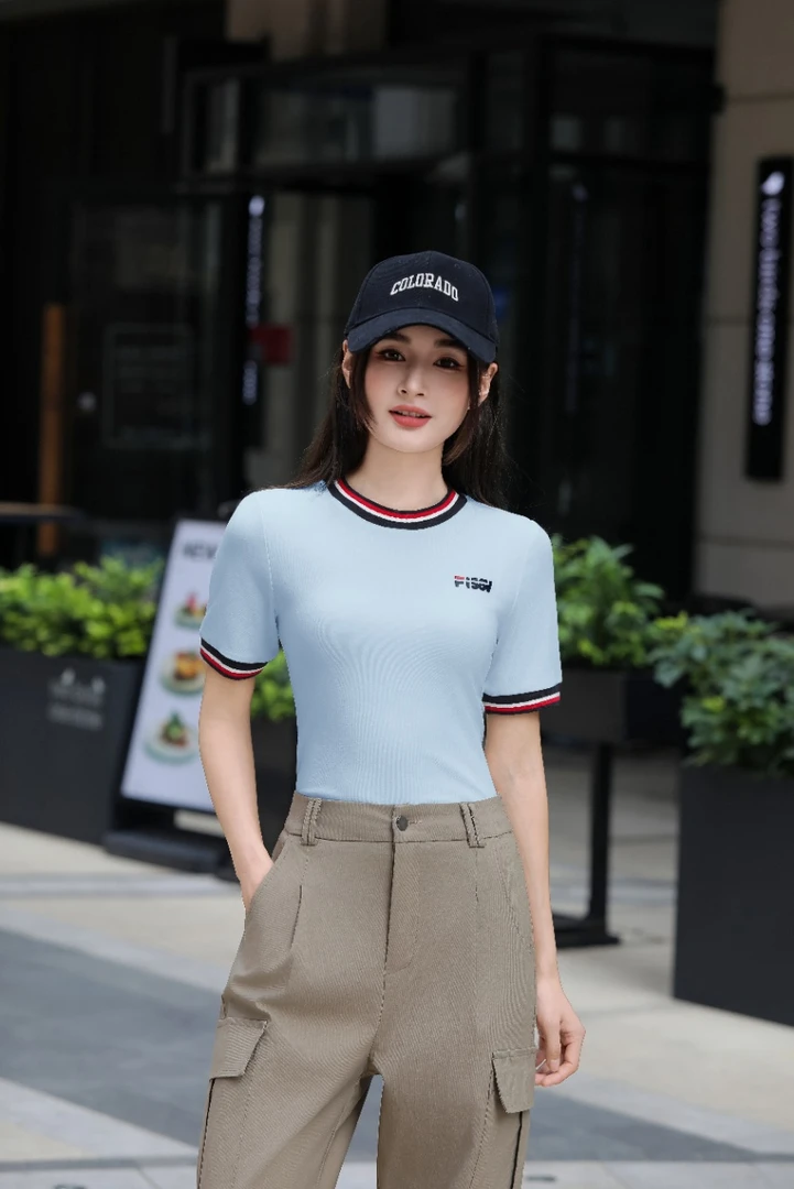 【茉语服饰】桑蚕丝＋胶原蛋白7A抗菌＋防晒功能罗纹领口拼色条纹短袖