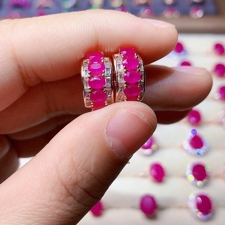 红宝石耳饰银S925镶嵌