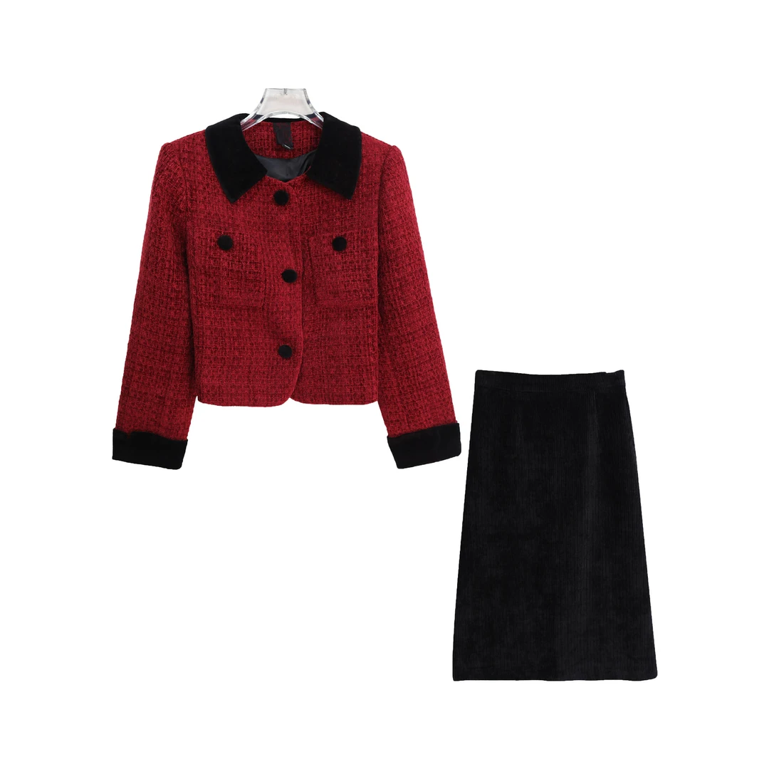 法式小香风翻领短上衣纯色半身裙套装S4928