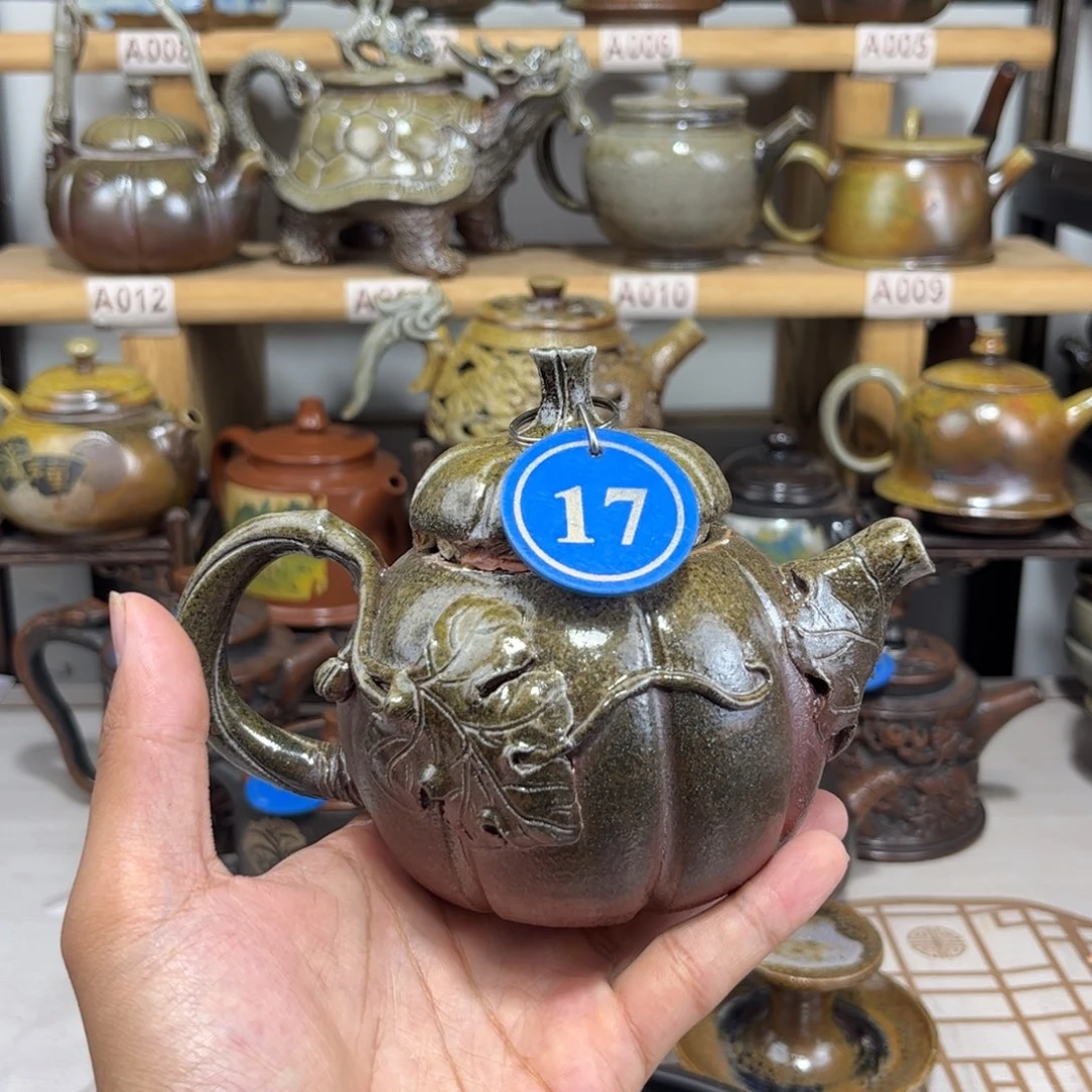 建水紫陶240cc仿生柴烧南瓜壶，纯裸坯柴烧（精品）