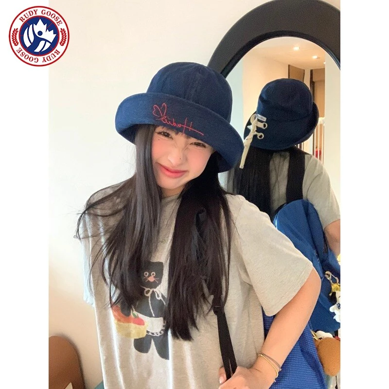 RUDY GOOSE字母翻折牛仔渔夫帽女大帽檐显脸小时尚遮阳帽系带盆帽