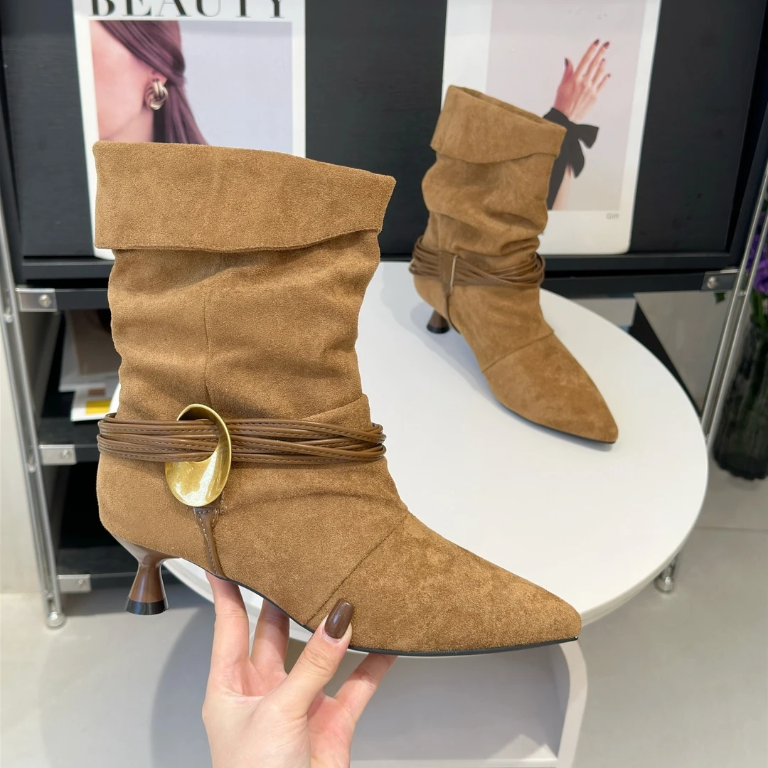 法式尖头短靴女2025秋冬新款超火褶皱两穿复古猫跟西部牛仔堆堆靴