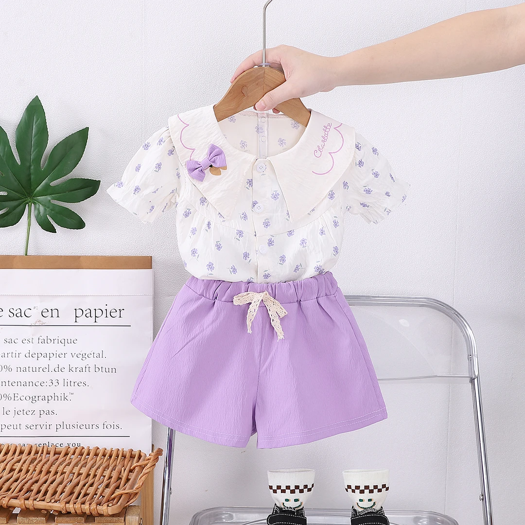 女童套装夏装2025新款娃娃领洋气小清新碎花短袖短裤宝宝两件套潮