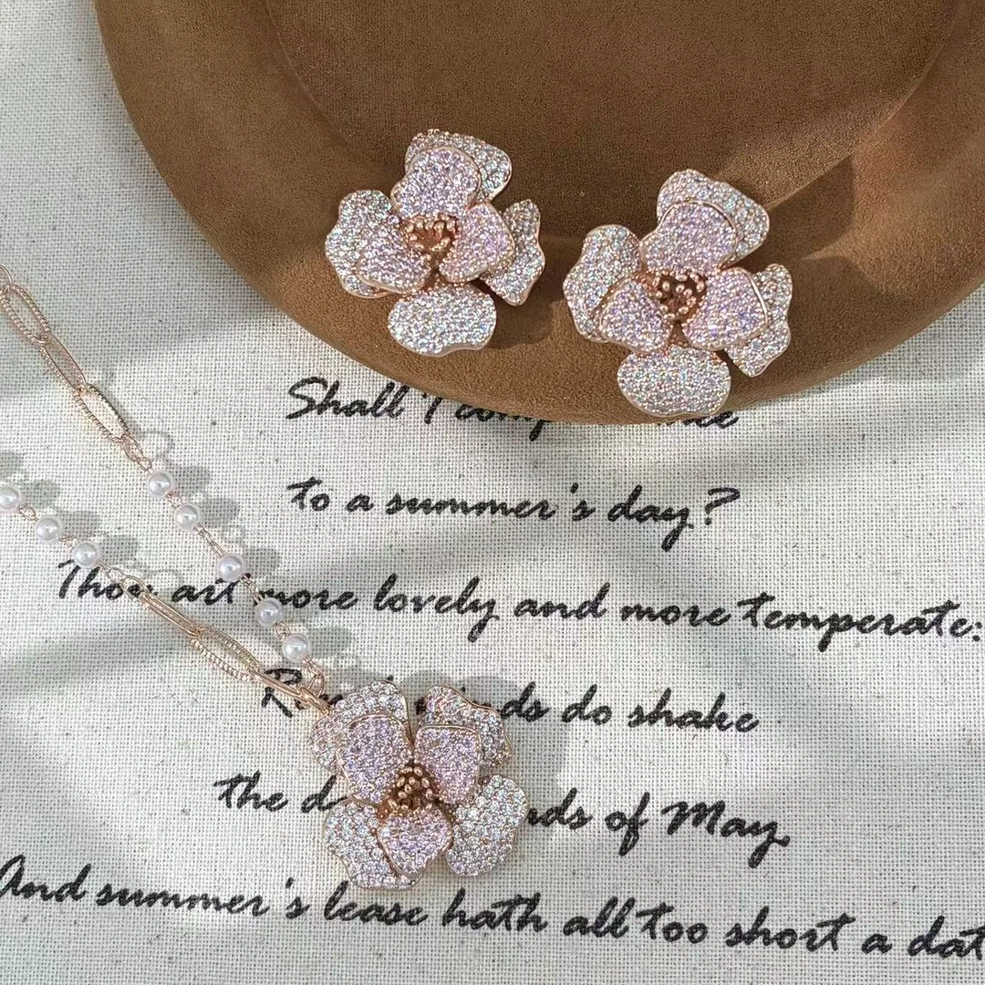 铜合金锆石项链 远远（YY102）镀k金两件套粉色花朵镶嵌坠链38+5cm