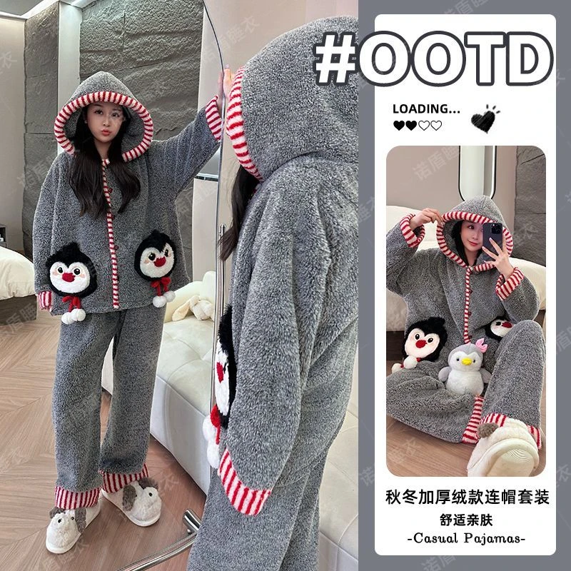 连帽企鹅睡衣女款秋冬季长毛绒保暖加绒加厚款珊瑚绒家居服可外穿
