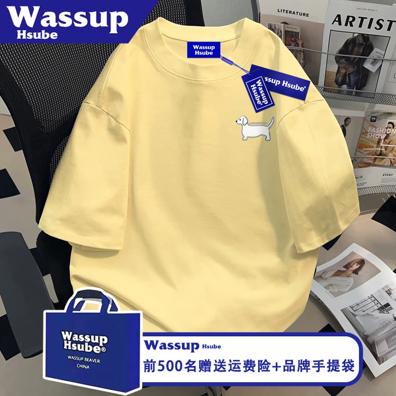 WASSUP HSUBE白色小狗印花T恤夏季100%棉短袖ins男女款奶黄色半袖