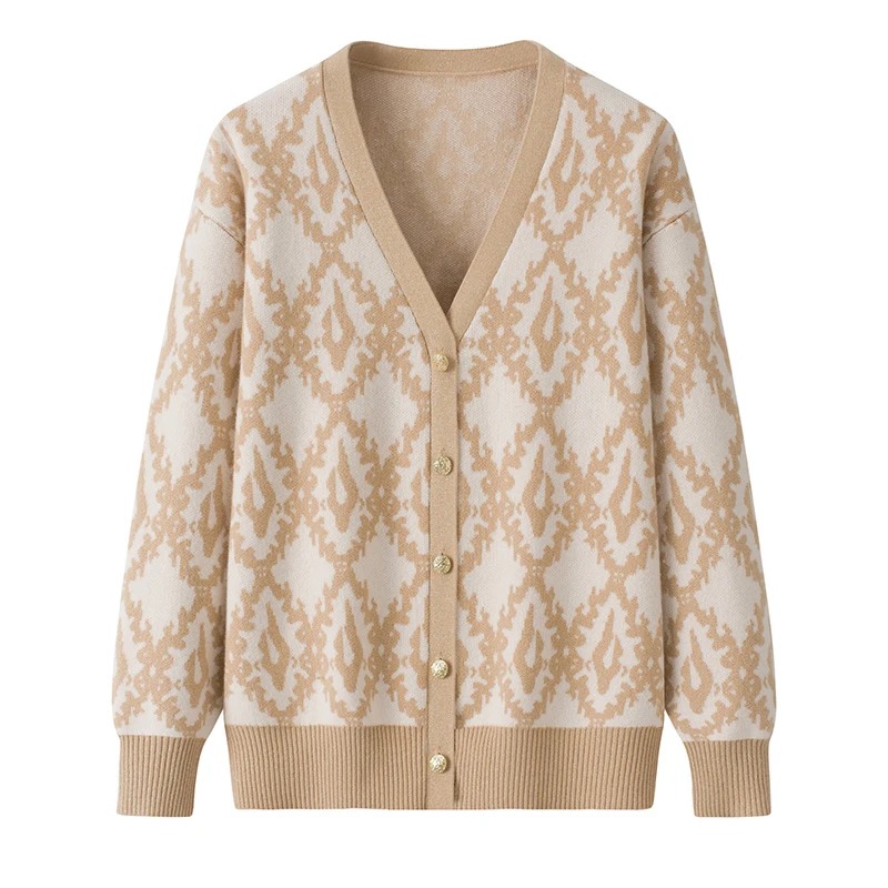 内蒙古秋冬新款大v领纯羊毛衫针织开衫提花工艺宽松百搭时尚绒衫