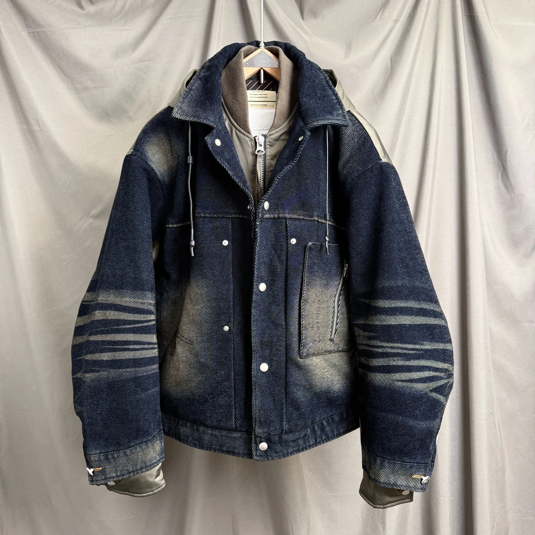 冬季男款国标90%白鸭绒羽绒服外套AB拼接假两件设计连帽牛仔羽绒