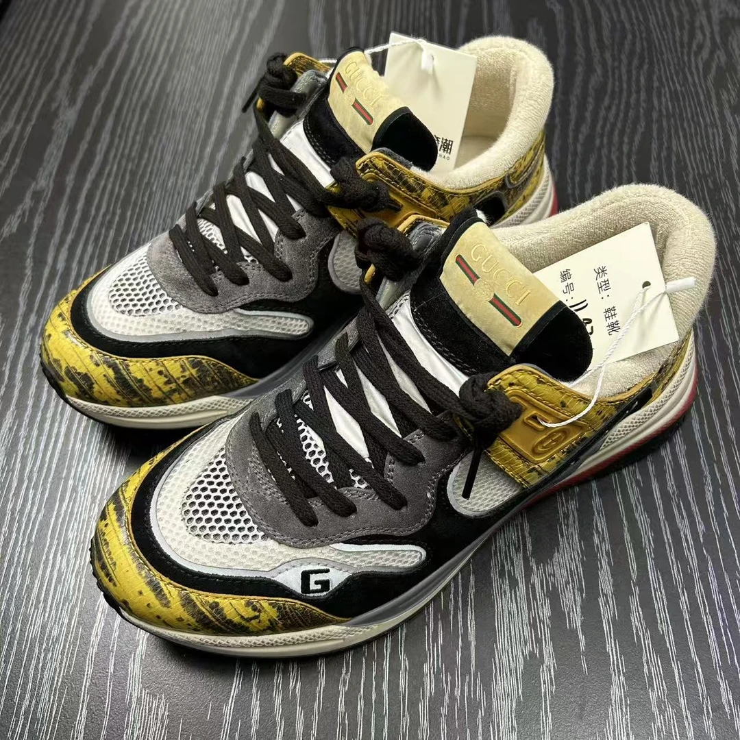 95新 GUCCI/古驰 男士时尚黑黄复古做旧运动鞋41欧码lb969