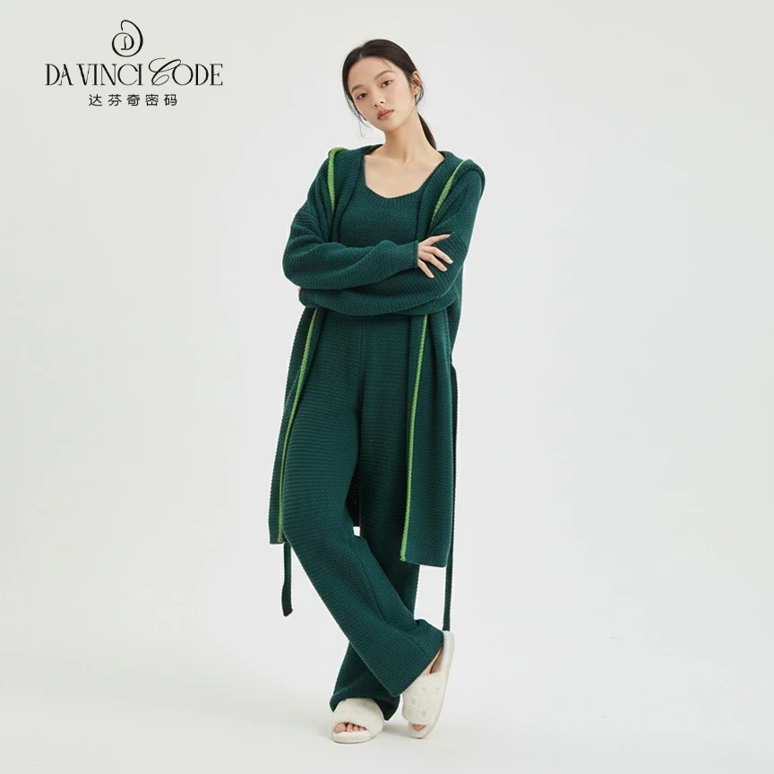DAVINCIART达芬奇密码半边绒墨绿三件套睡衣秋冬加绒加厚家居服