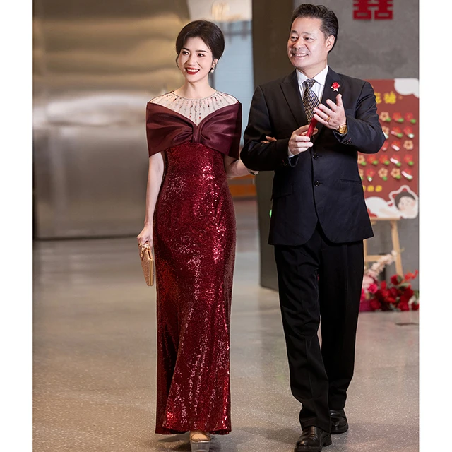 红色亮片晚礼服女高级感气质轻奢高端主持人高贵年轻喜妈妈婚宴装