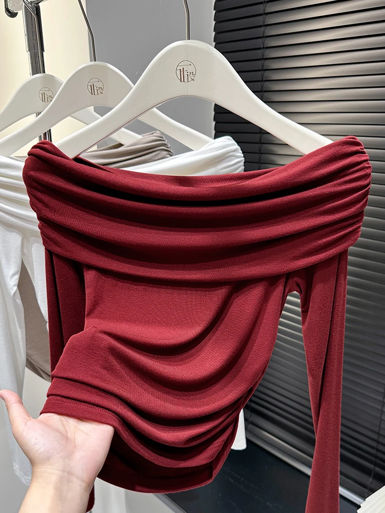 安可拉红穿搭莫代尔露肩一字肩上衣女2024新款秋季高级感斜领t恤