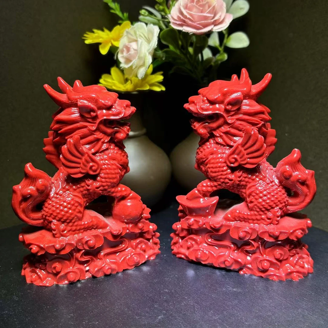 含辰砂工艺品S7706-高92左右-大红朱砂麒麟摆件一对-配礼盒