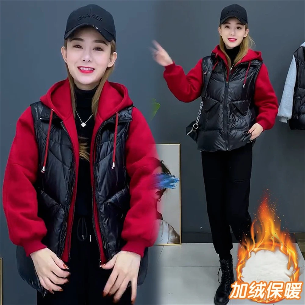 加绒加厚假两件马甲棉服女2026新款冬季韩系宽松时尚洋气连帽外套