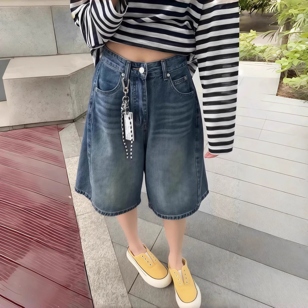大码宽松直筒牛仔五分裤女2025新款夏季薄款显瘦百搭高腰阔腿裤子