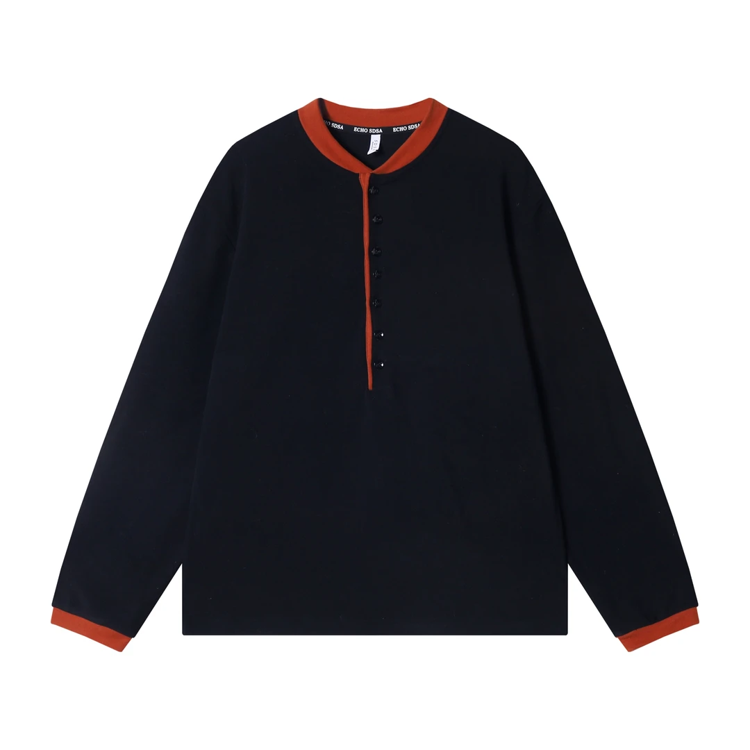 秋冬季新款时尚个性撞色纽扣小V领套头假两件卫衣百搭简约上衣