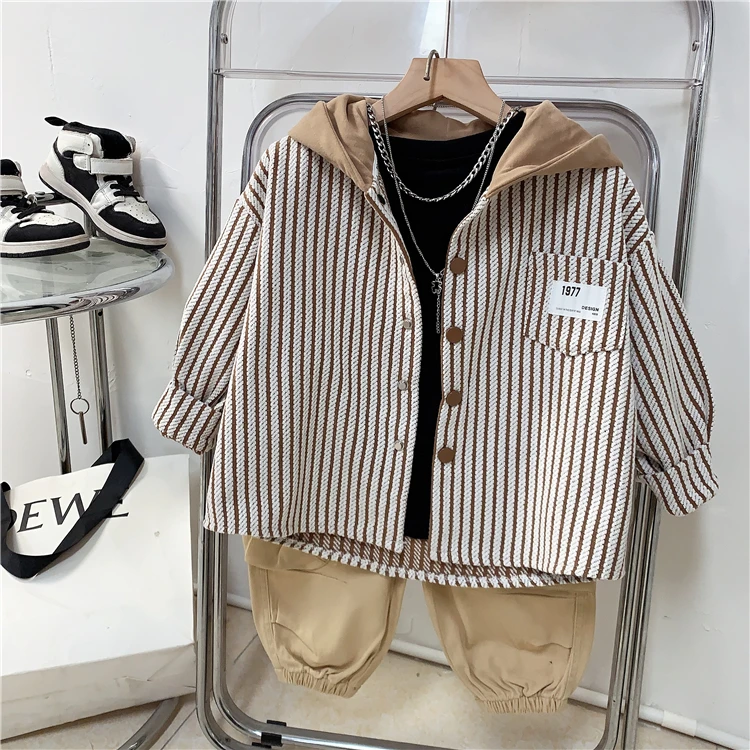 儿童韩版条纹外套男童春秋款韩系休闲款连帽衬衫潮童时尚韩系外套