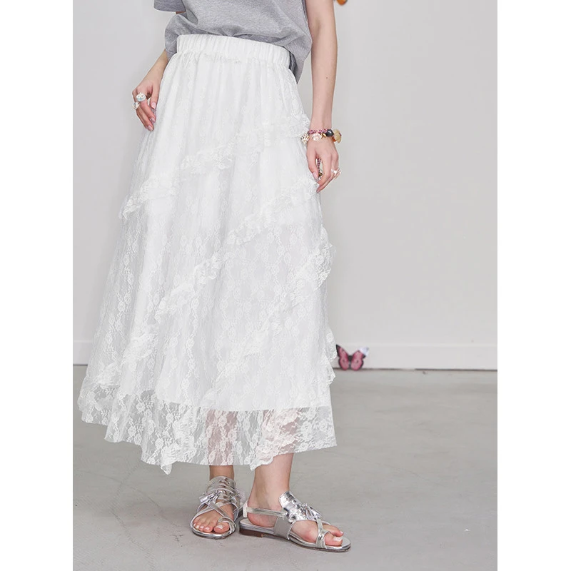 7074【金拐子】2025夏季新款白色蕾丝半身裙高腰不规则A字长款蛋