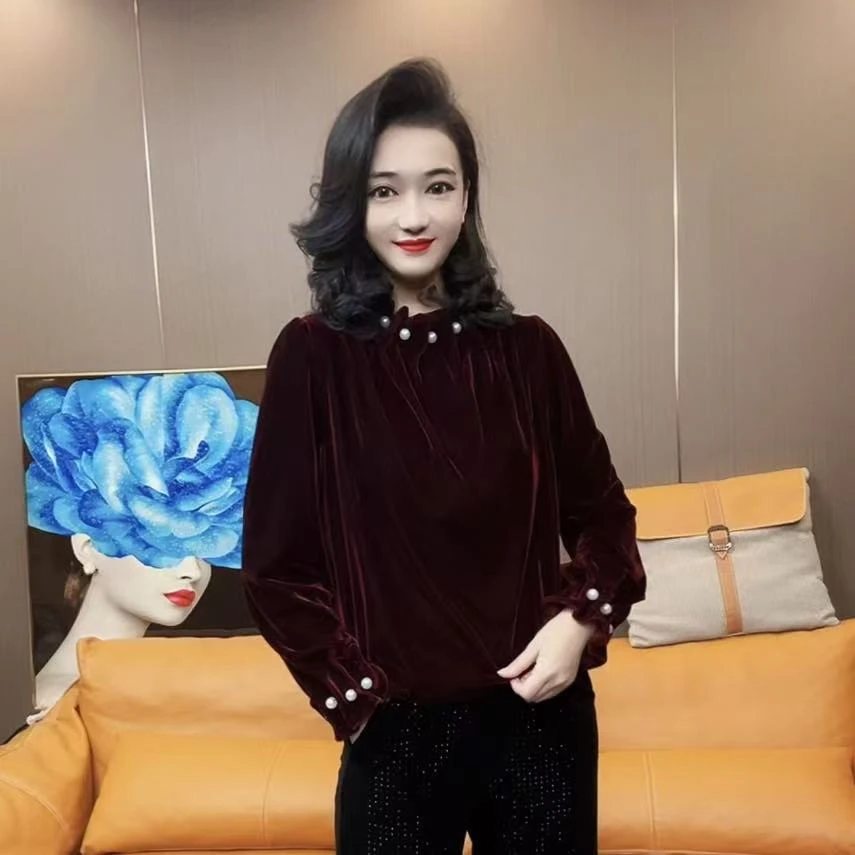 【峰姐优品】86158【QJ】花边珍珠领丝绒衫