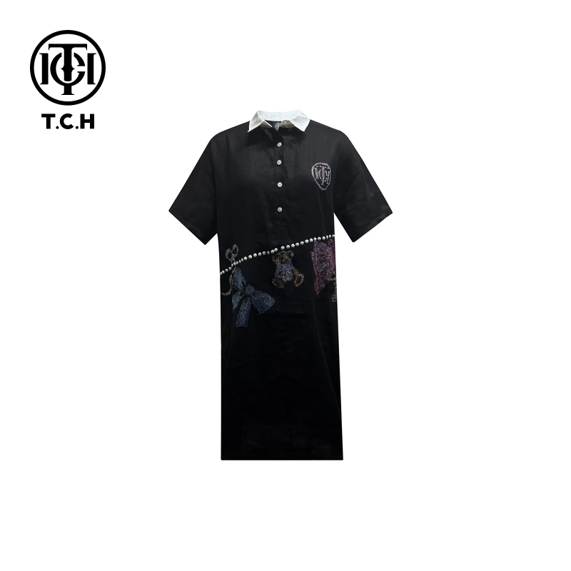 TCH秋款烫钻烫钻链条彩色蝴蝶结黑色连衣裙T75C30E1008私服tch