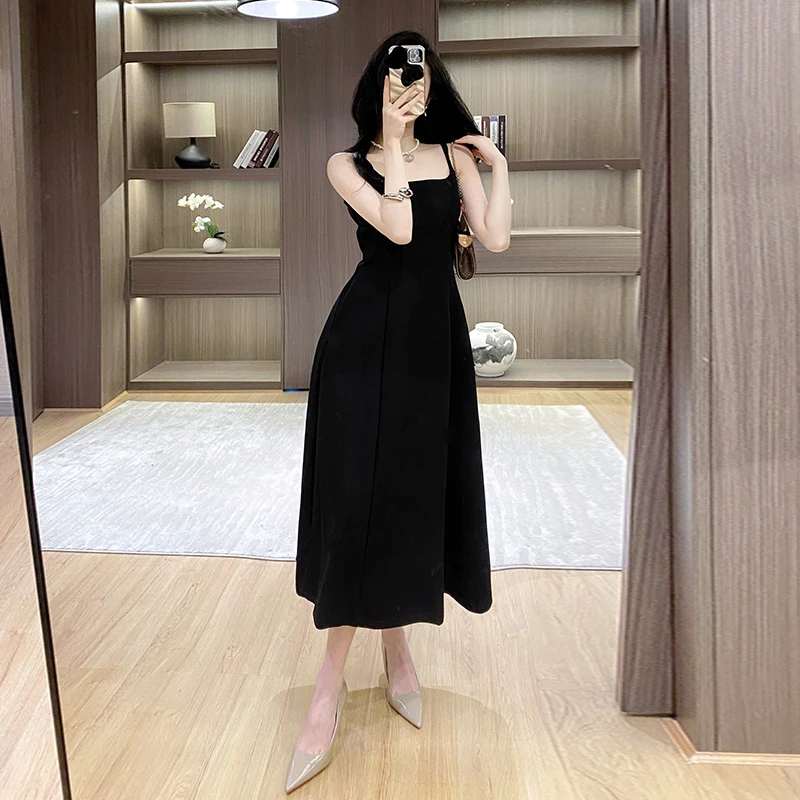 气质A字裙战袍连袖 复古赫本风小黑裙收腰显瘦长裙黑色吊带法式
