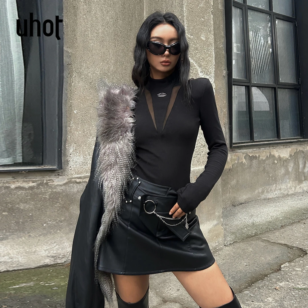 UHOT/诱货黑色A字包臀皮裙半身裙朋克撞钉设计配 ：链条UWWW2Q716M