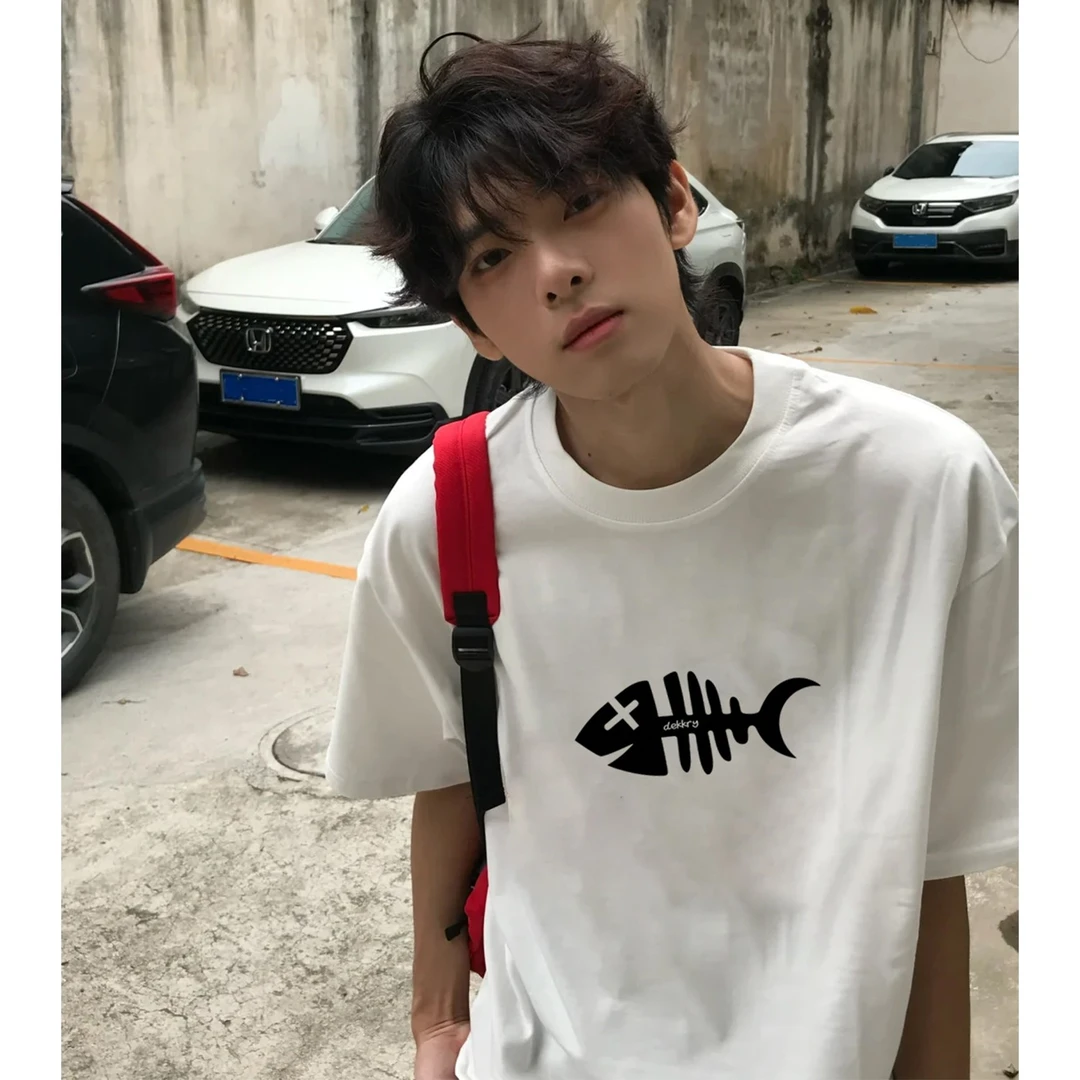 100%纯棉美式设计感鱼骨头印花短袖t恤男女夏季个性休闲情侣上衣