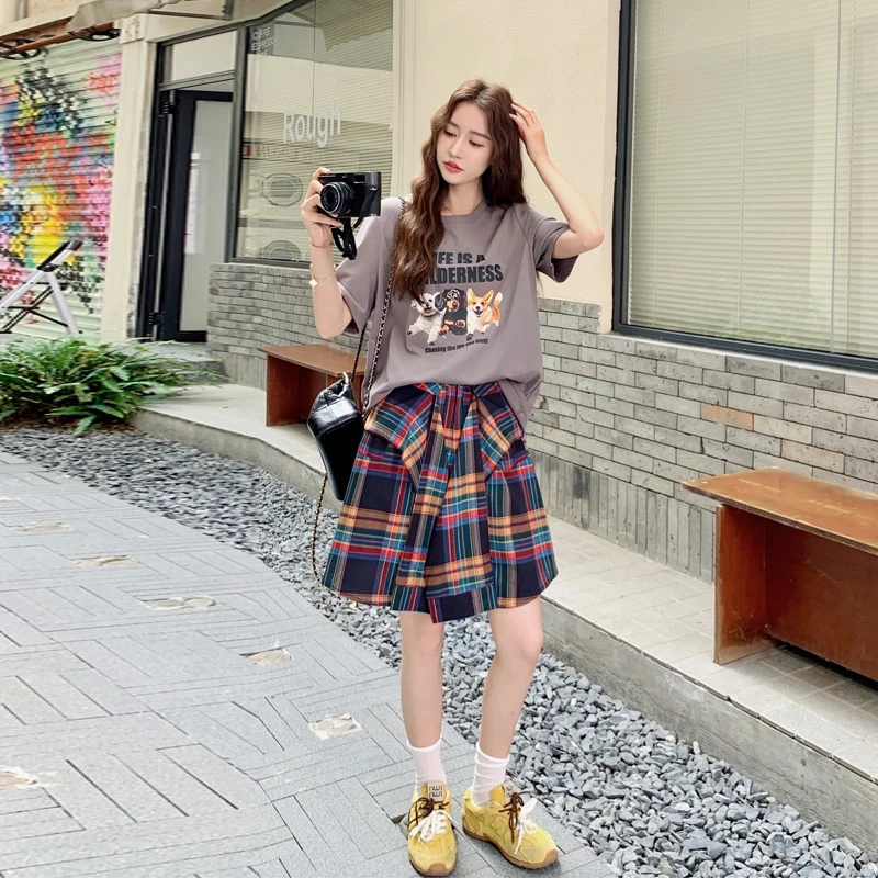 可盐可甜套装裤2025女夏新款学院风甜酷风印花T恤格子裙裤两件套