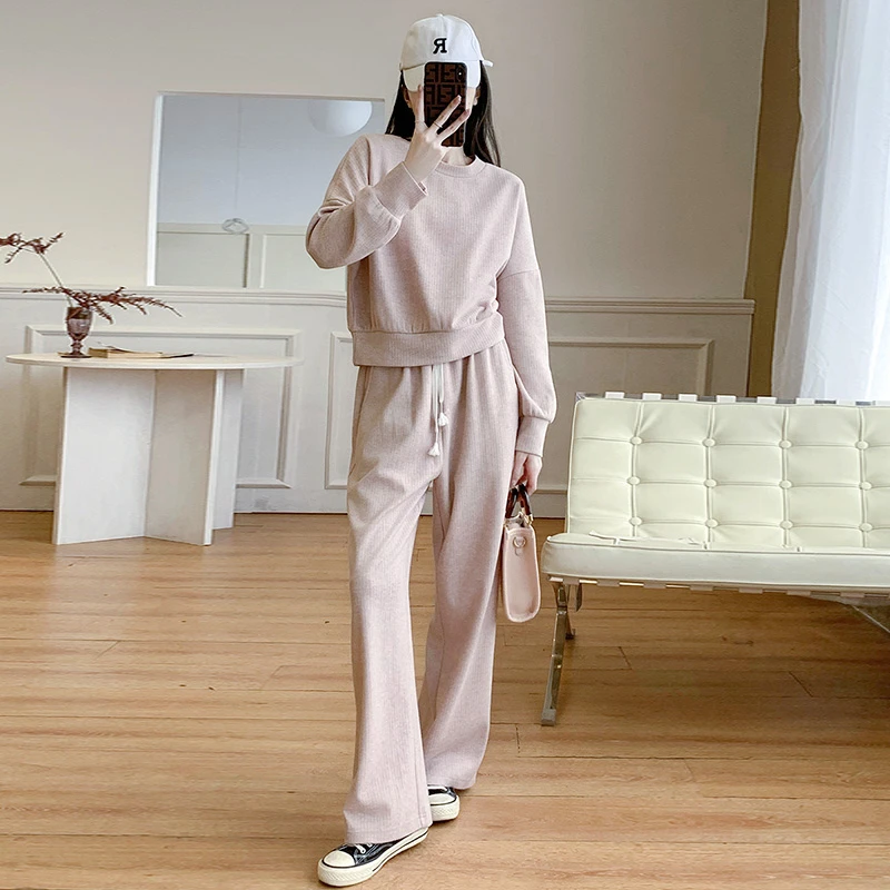 韩系爆款休闲运动套装女春季宽松时尚减龄洋气卫衣阔腿长裤两件套