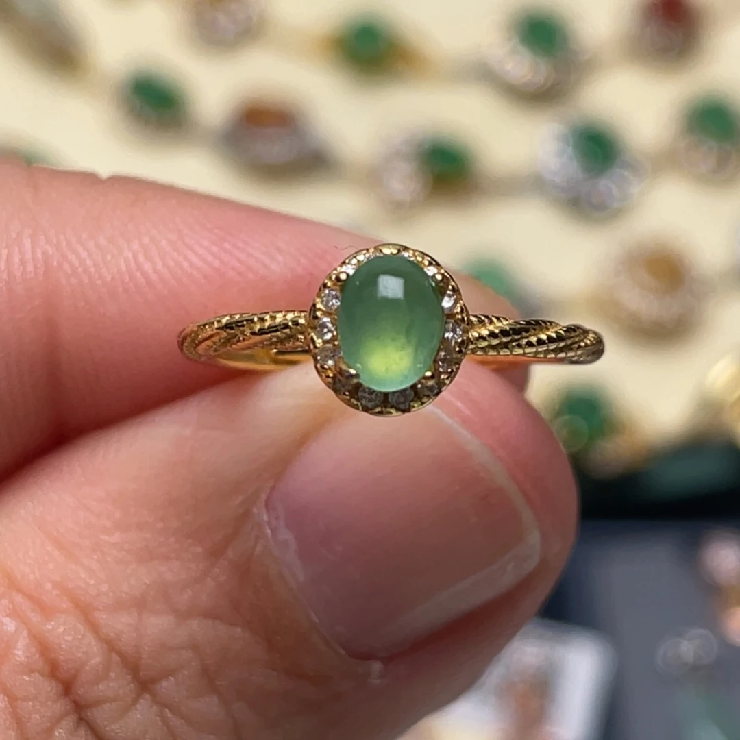 翡翠戒指银S925镶嵌纯天然缅甸翡翠