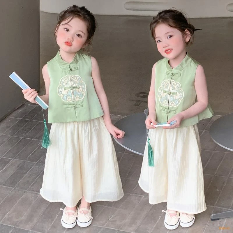 女童新中式套装2025夏季新款儿童复古盘扣上衣阔腿裤女宝宝洋气潮