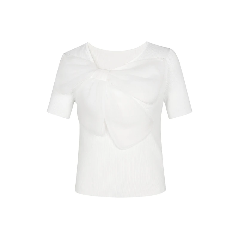 设计师女装2025夏季新款针织衫时尚立体蝴蝶结圆领显瘦线衫42355