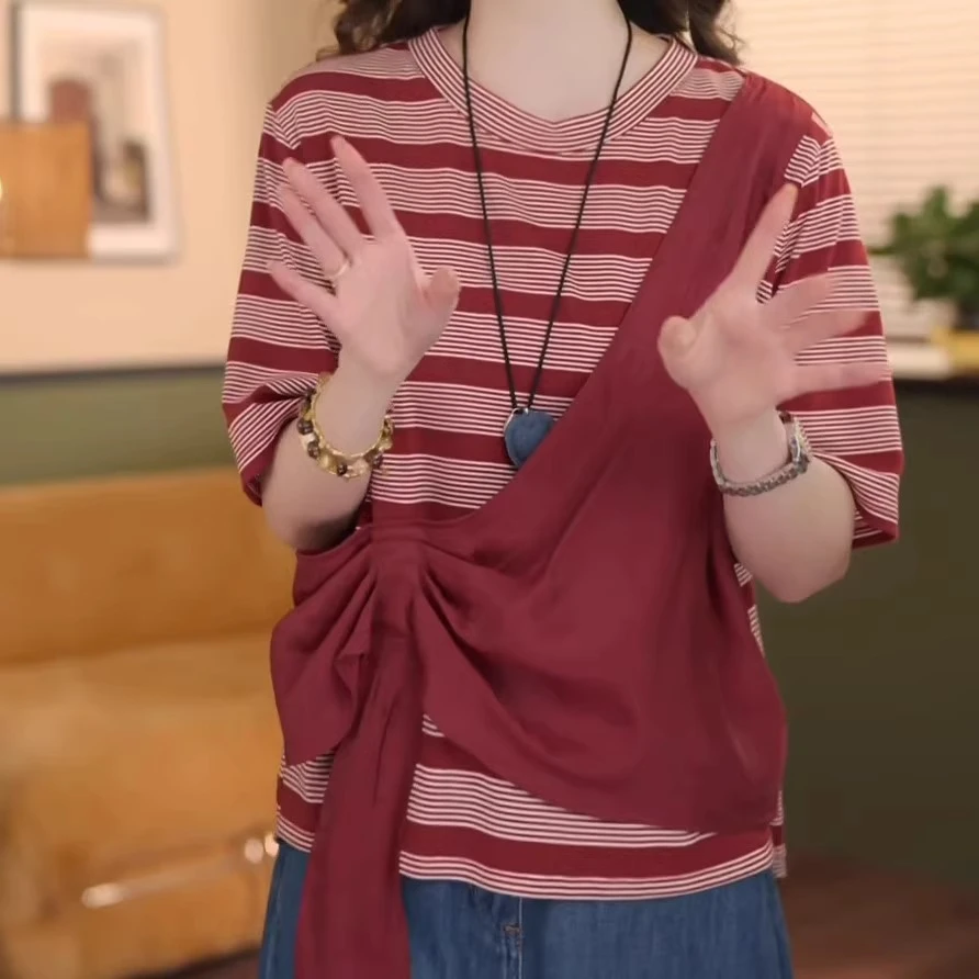 韩版条纹拼接短袖T恤女2025夏季新款休闲百搭假两件显瘦上衣女潮