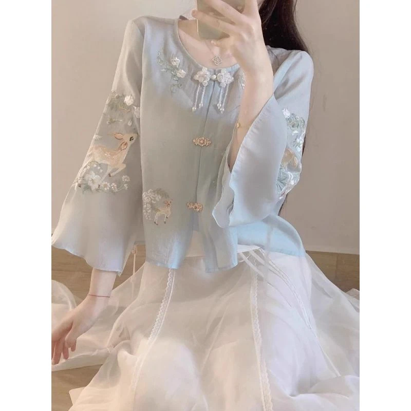 新中式国风套装女秋季减龄汉服衬衫上衣女超仙的雪纺半身裙两件套