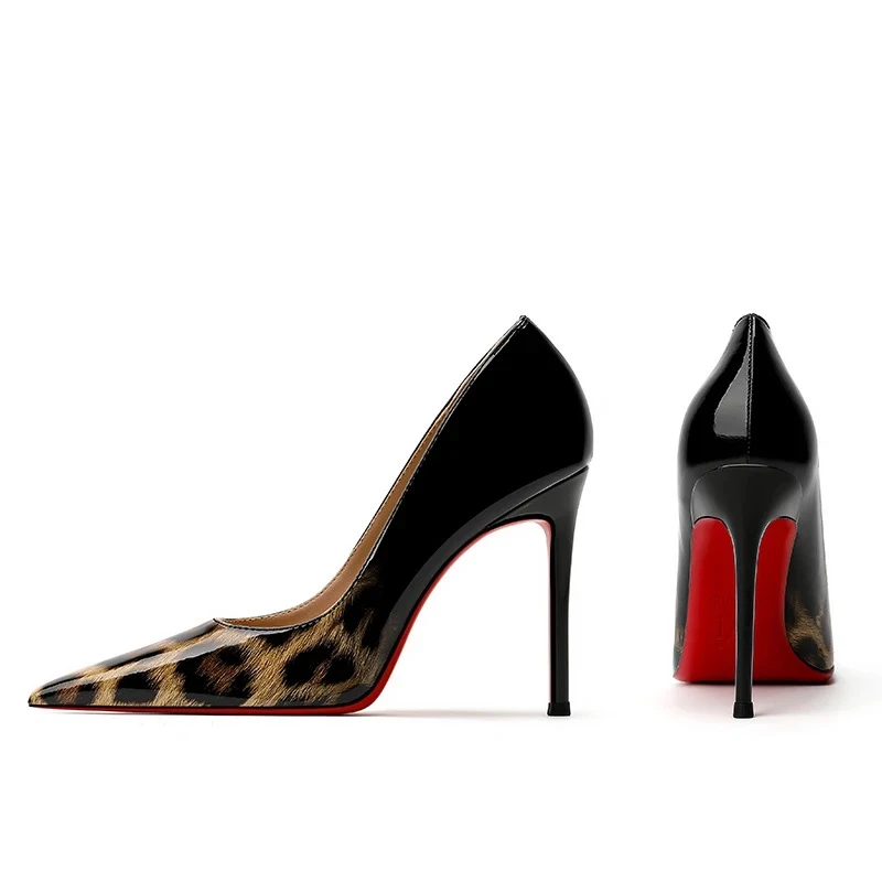 2025新款欧美豹纹双色漆皮高跟鞋潮浅口尖头性感单鞋红底高跟鞋女