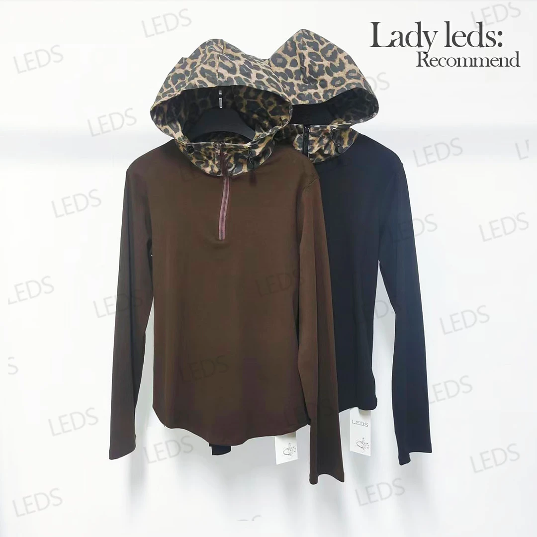 LEDS 91252新款豹纹连帽纯色套头长袖修身T恤女款
