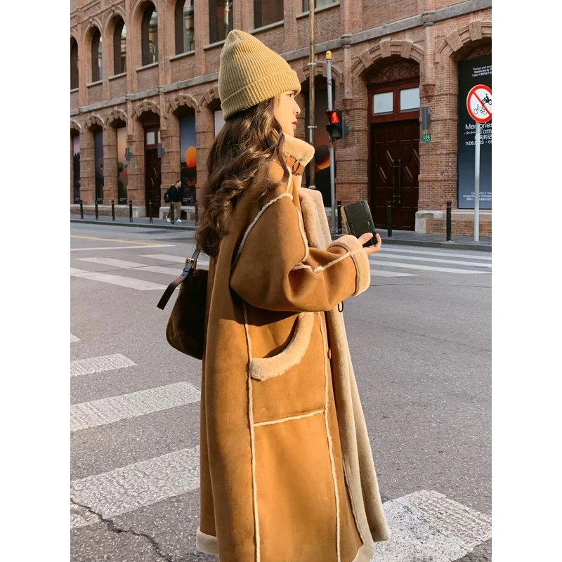 秋冬季纯色百搭显瘦网红麂皮绒大衣2775