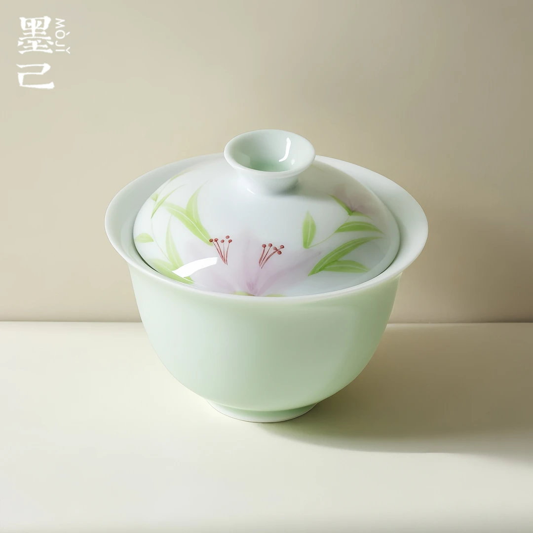 墨己远山绿手绘野百合家用陶瓷盖碗功夫茶具薄胎玉瓷泡茶碗盖碗