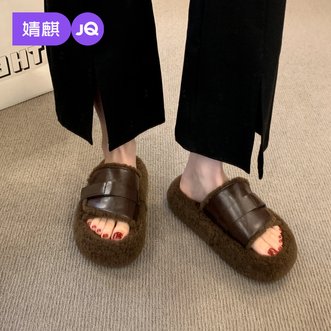 婧麒超火复古羊羔毛毛拖鞋女2025秋冬新款厚底舒适百搭外穿棉鞋子