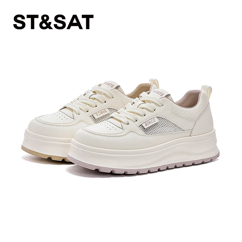 星期六女士潮流百搭复古舒适网面透气系带圆头厚底时尚运动休闲鞋