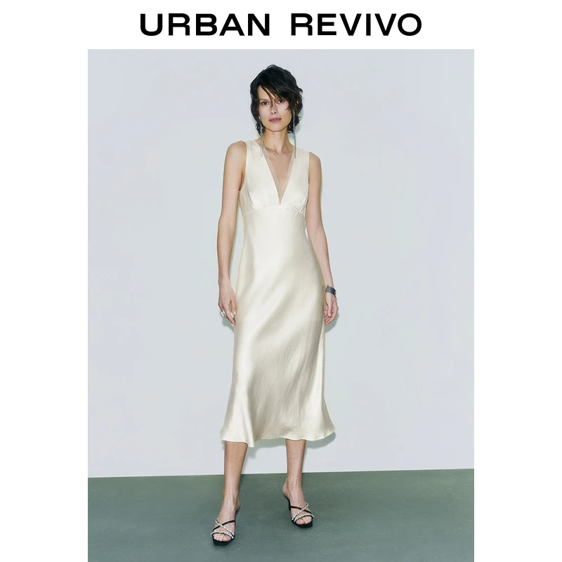 UR2025夏季波嬉风拼接V领系带连衣裙女装新款一秒入夏UWG750065