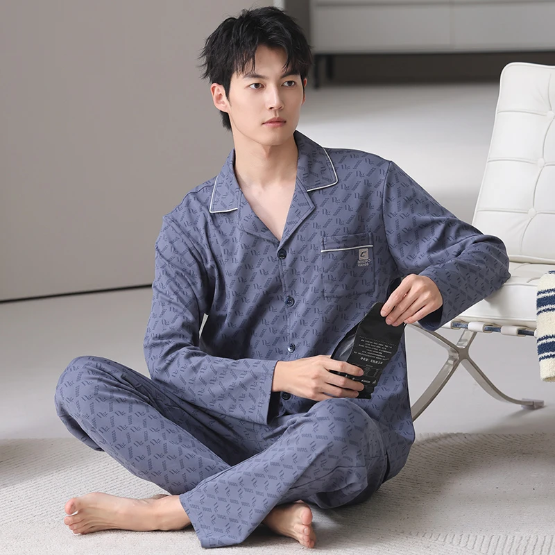 春秋季新款纯棉睡衣男长袖长裤开衫翻领休闲可外穿男士家居服套装