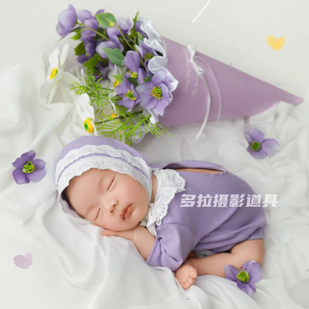 新款新生儿满月女宝紫色花朵小清新摄影主题服装道具影楼拍照衣