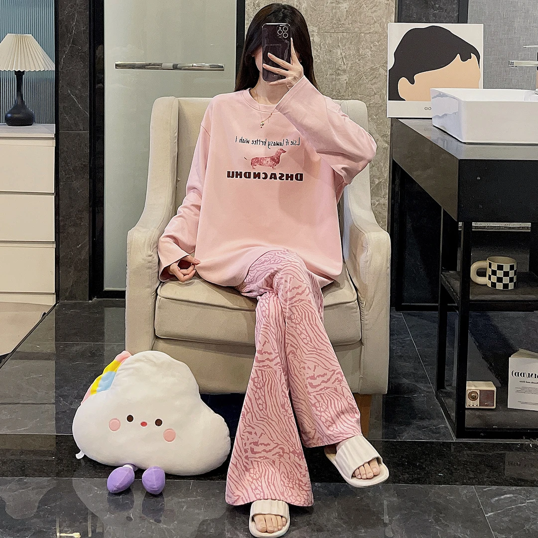 2025新款睡衣女春秋季可外穿纯棉长袖大码粉色斑纹长裤套装家居服