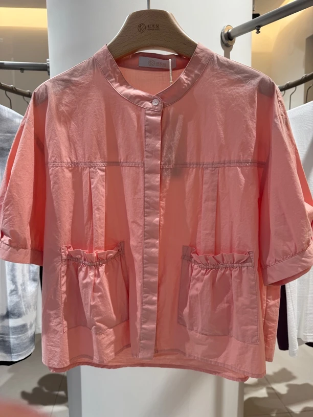 港风复古宽松大口袋短袖衬衫女夏季新款通勤气质百搭休闲